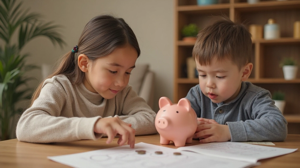 Родители обучают детей финансовой грамотности за столом
