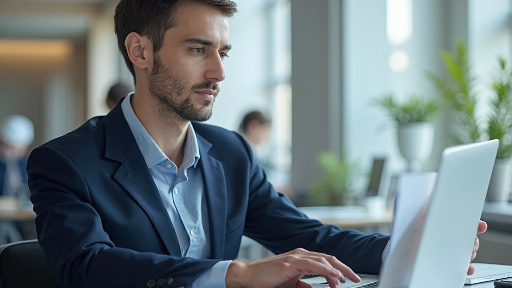 Аналитик изучает финансовые отчеты с диаграммами на ноутбуке в офисе