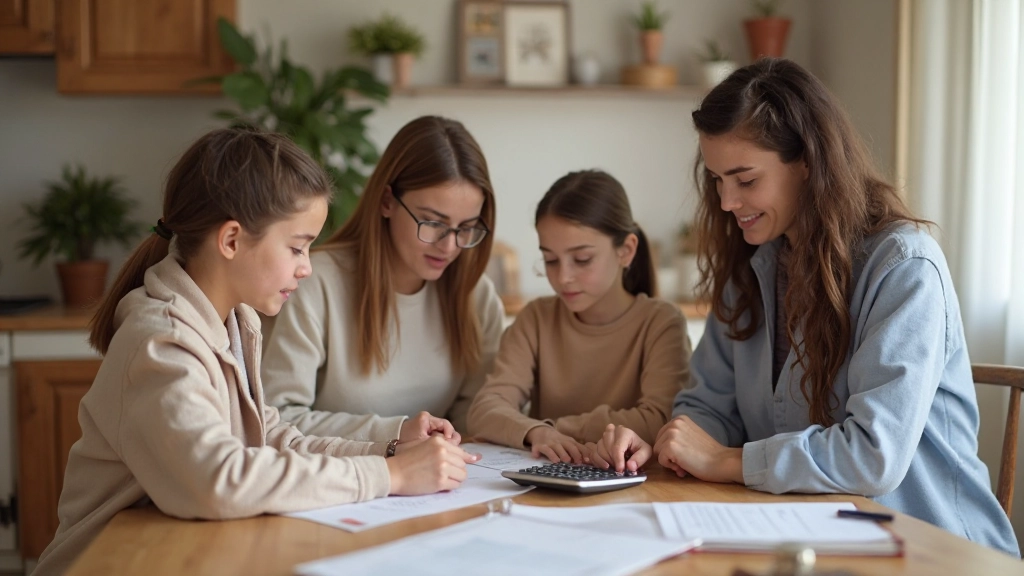 Семья обсуждает финансовый план за столом с документами и калькулятором