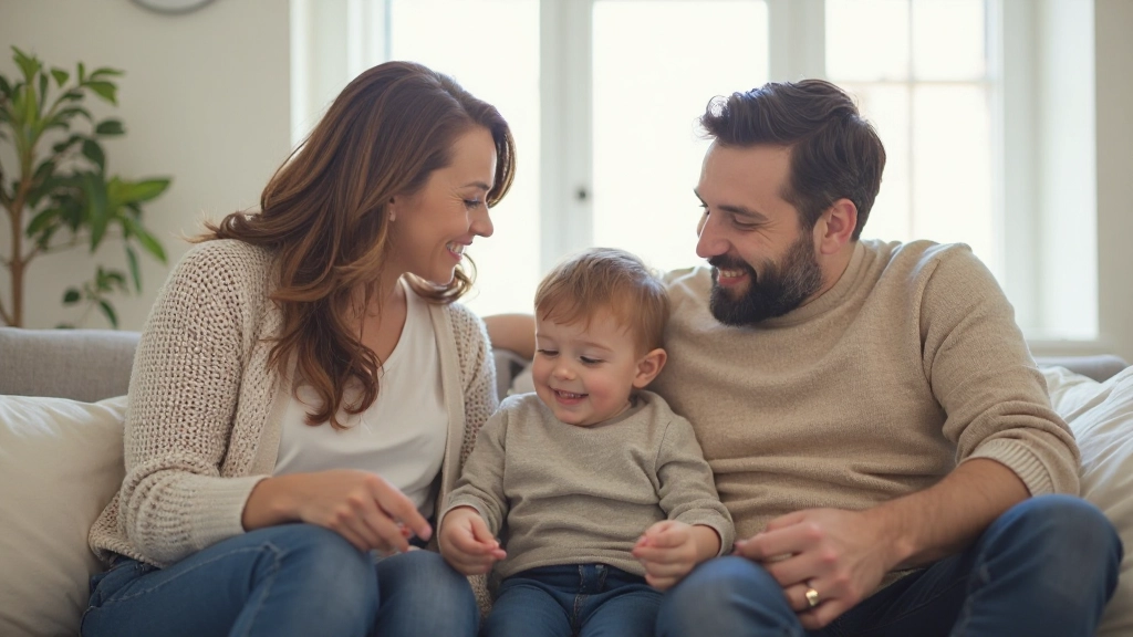 Family discussing financial goals together in comfortable living room setting