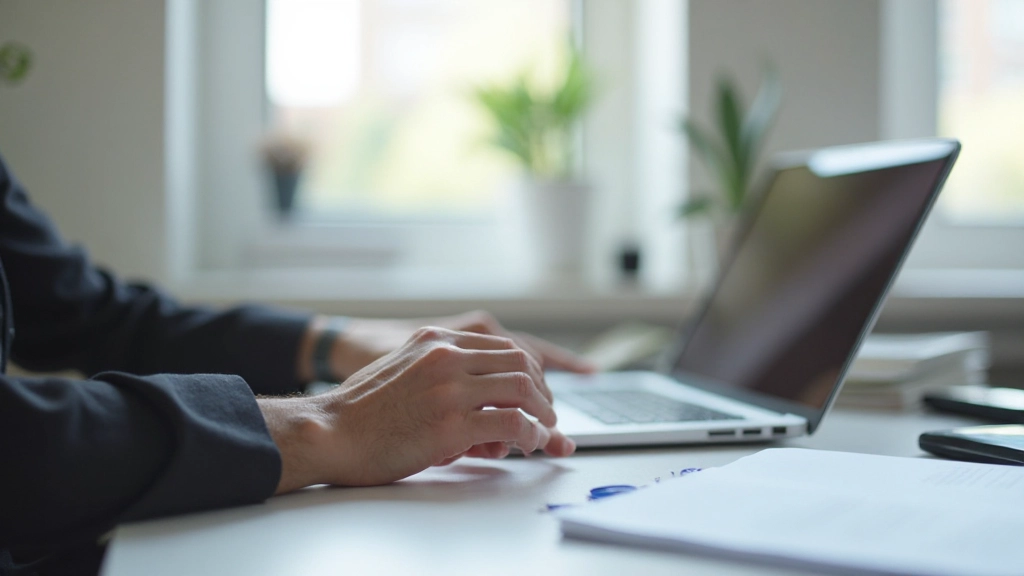 Профессиональное рабочее место с минимальным беспорядком, где человек сосредоточенно работает на ноутбуке