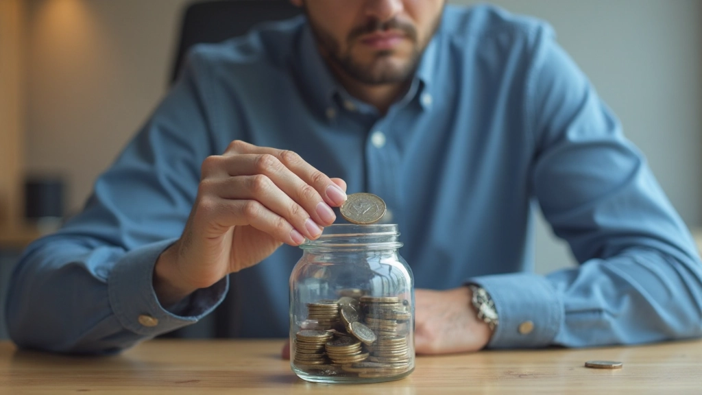 Man depositing coins into transparent savings jar with focused determination