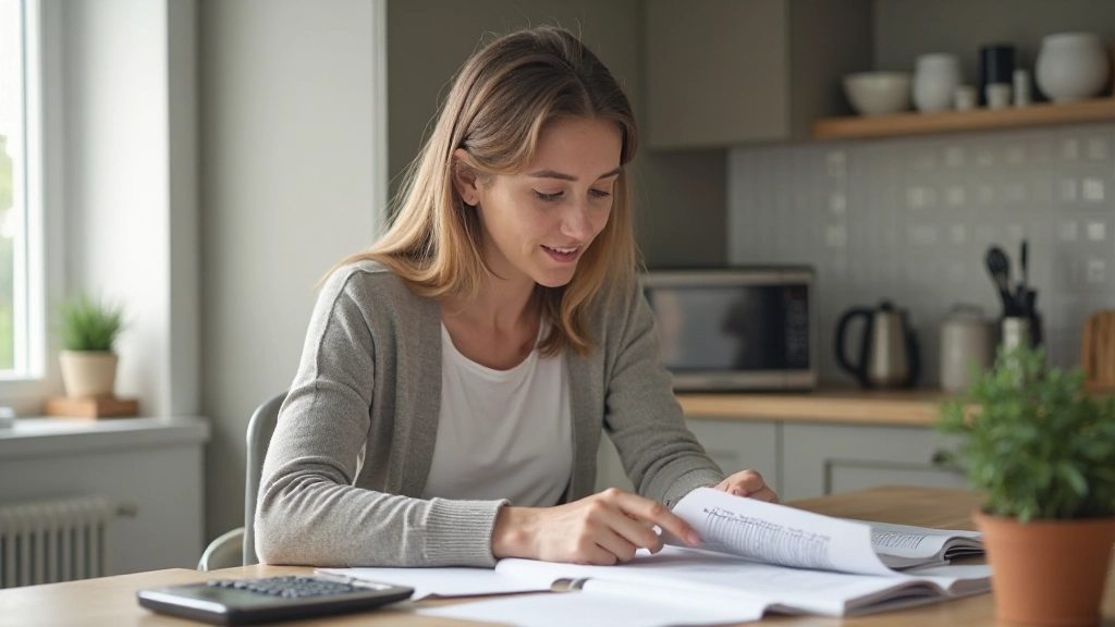 Woman reviewing household budget at kitchen table with notebook and calculator