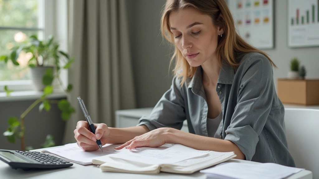 Реалистичная женщина ведёт учёт финансов в блокноте на столе, рядом калькулятор и диаграммы расходов