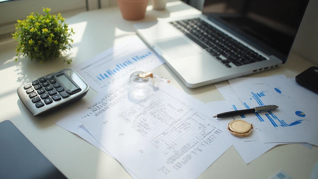 Профессиональное рабочее место с финансовыми документами, калькулятором и ноутбуком на столе